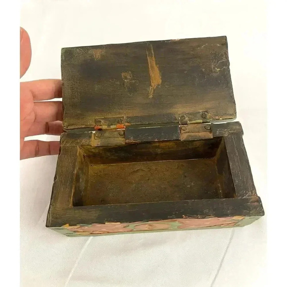 VTG Carved Hand Painted Wooden Box Sun Folk Art Design Green Orange Boho - Picture 2 of 12